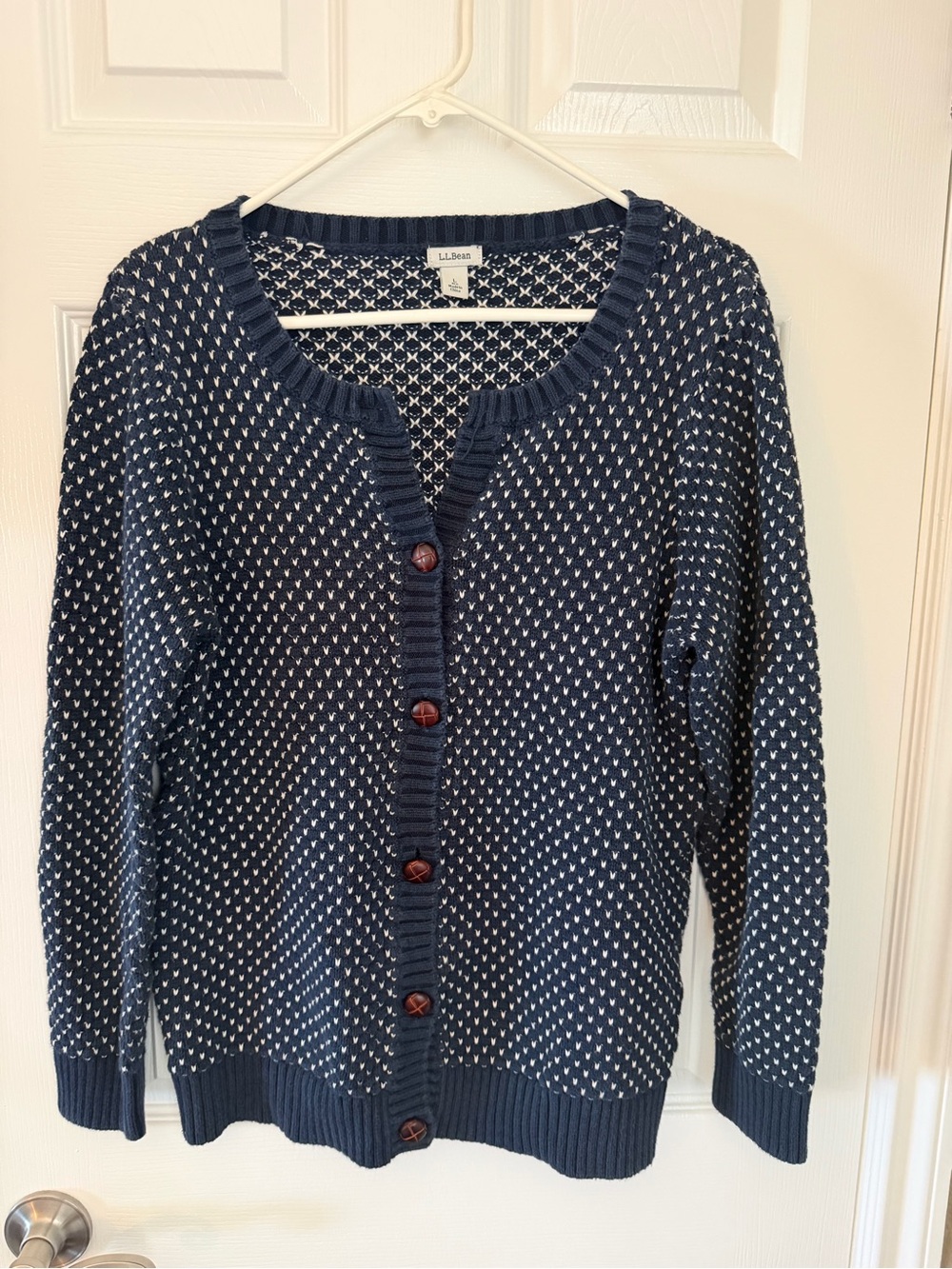 L.L. Bean Vintage Navy and White Knit Brown Button-Front Cardigan Size L
